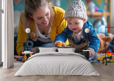 A mother and child playing with a toy mechanic's kit.  Wall mural