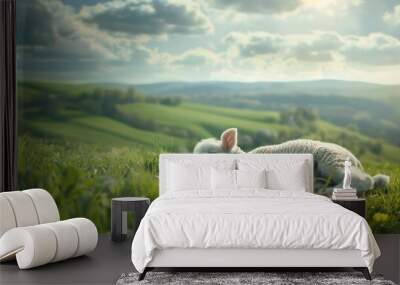 A symbolic image of a lamb resting on a green pasture, symbolizing Jesus Christ as the Lamb of God who takes away the sins of the world.  Wall mural