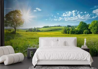 Big tree on green field and blue sky with clouds, summer landscape Wall mural