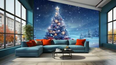 christmas tree in the forest night with gifts and shining light  Wall mural