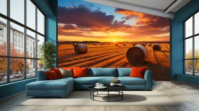 hay bales in the field with beautiful sunset  Wall mural