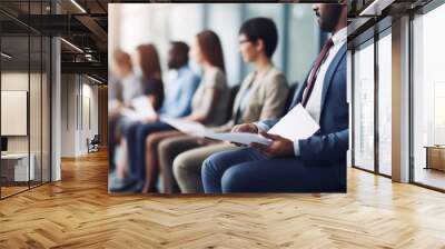 Selective focus of bored multicultural and different ages people in casual clothes sit on chairs in row waiting for job interview using typing mobile phones, recruitment hiring hr concept. Wall mural