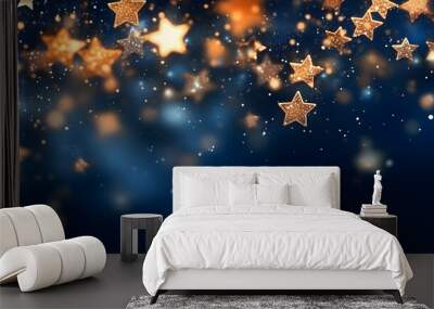 Shiny gold star with bokeh light on blue background  Wall mural