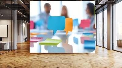 Speech bubble on office table with blur businesspeople  Wall mural