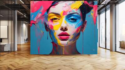 A colorful portrait of a beautiful young girl who has a face with modern, urban make-up and the whole face painted in vivid colorful paint Wall mural