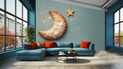 A crescent trampled cookie with star sprinkles on al light pastel background at christmas time Wall mural