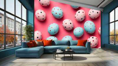 Background: Colorful Polka-Dotted Easter Eggs on a Pink Surface Pattern . Generative AI Wall mural