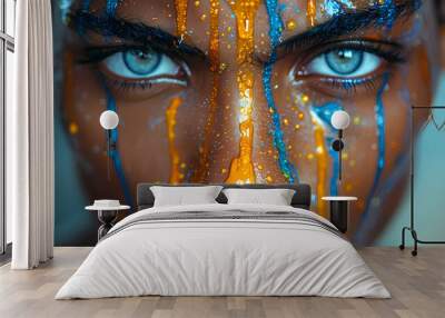 Colors Dripping from a Woman's Face Close-Up. Splashes of color on a human face, Abstract face background mixing orange and blue tones with a soft gradient gradient, Wall mural