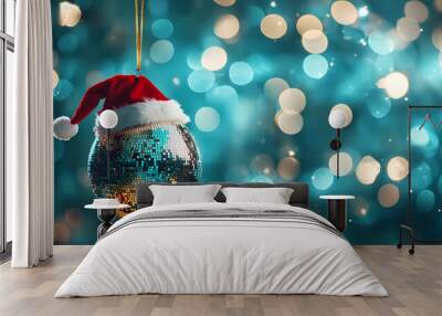 Disco ball wearing a Santa hat. Wall mural