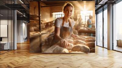 Female baker standing at workplace on baking manufacture. Happy small pastry shop owner, smiling proudly at her store. Cheerful female baker working at her shop.  Wall mural