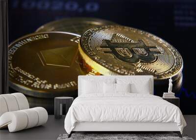 Golden bitcoins on the background of a graphic stock chart. The Concentration of the Crypto-Currency of Virtual Money Wall mural