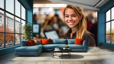 Portrait of a young female cashier at a supermarket Wall mural