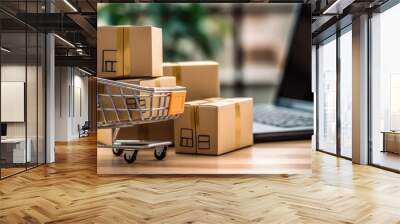 Product package boxes in cart with laptop computer which web store shop on screen for online shopping and delivery concept. Wall mural