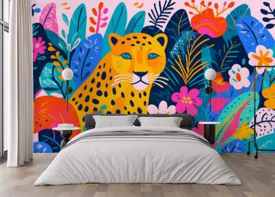 Risograph styled illustration, digital illustration showing colorful plants, flowers and wild animals in the jungle Wall mural