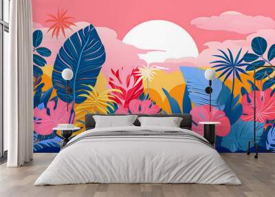 Risograph styled illustration, digital illustration showing colorful plants and flowers in the jungle
 Wall mural