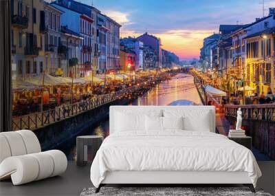 Naviglio Grande canal in Milan, Italy, on sunset Wall mural