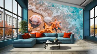 sunglasses, starfish and shells background with copy space, summer concept.. Summer and holiday concept. Generative AI	 Wall mural