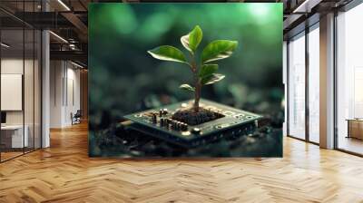 the concept of nature emerging from a computer chip, signifying new life and an eco-friendly concept that combines technology with the natural world. Wall mural