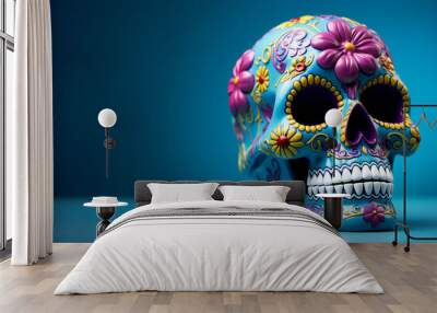 Vivid Human Skull Isolated on Blue Background: A Striking Visual Element for Educational or Artistic Purposes, copy space, helloween  Wall mural