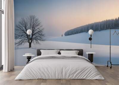 Wintery Season Landscape white fields and ice, nature and forest stock photo Wall mural