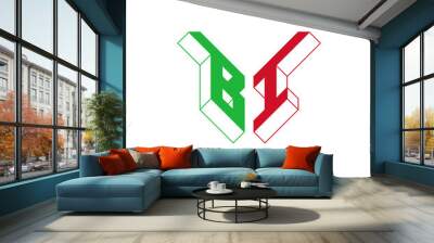 BI - international 2-letter code or National domain of Burundi. B and I - Monogram or logotype. Isometric 3d font for design. Outline fonts. Three-dimension letters. Wall mural