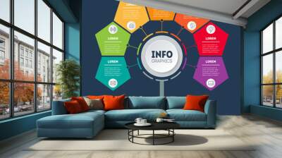 Business infographics concept with 7 options. Vector info graphic of technology or education process. Annual report. Template of diagram or presentation. Part of the report. Wall mural