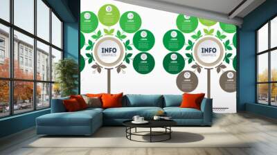 Green infographics in the form of a tree with 5, 7, 9 and 10 parts. Development and growth of the eco business. Timeline of trends. Business presentation concept with four parts, steps or processes. Wall mural