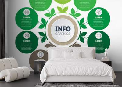 Green Timeline or infographics. Tree of development and growth of the business. Time line of trends with 10 options. Eco Business concept with ten parts, steps or processes. Wall mural