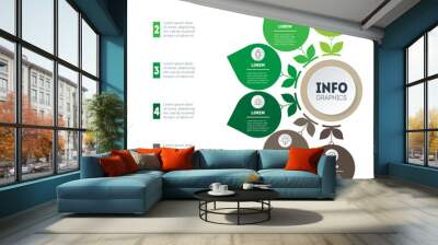 Infographic or Agro Business presentation of 6 parts with green leafs. Dynamic infographics or mind map of eco technology or education process with six steps. Template of a chart, mind map or diagram. Wall mural