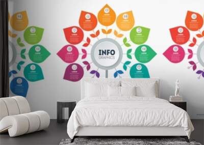 Set of Business presentations with 5, 7, 9, 11 and 12 parts on light background. Infographic in the form of a stylized flower, divided by five options. Wall mural