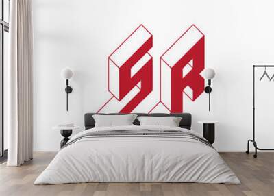 SR - monogram or logotype. Isometric 3d font for design. Vector volume alphabet. Outline fonts. Three-dimension letters. S and R. Wall mural