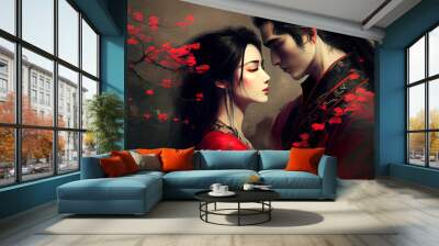 Valentine's Day greeting card in the aesthetics of the wuxia style. A couple of lovers after a long separation. Created with Generative AI technology. Wall mural