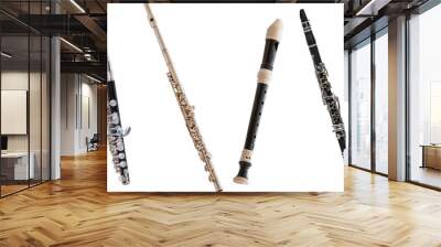 classical wind musical instrument flute-Piccolo, set of four flutes isolated on a white background Wall mural