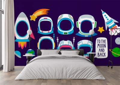 Collection of photo booth props for kids cosmonaut party. Cute vector cartoon helmets and other space elements for funny photos.
 Wall mural