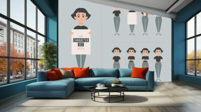 Cute woman character set with eight poses. Vector cartoon flat design. A young modern woman with shirt haircut.
 Wall mural