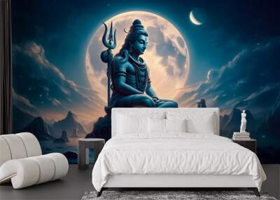 a buddha statue sitting on a rock with the moon in the background, lord shiva Wall mural