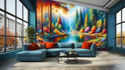 a painting of a colorful forest scene with a lake and trees Wall mural