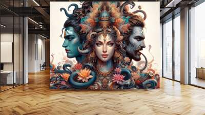 a woman with a head of a demon and a man with a snake, lord shiva Wall mural