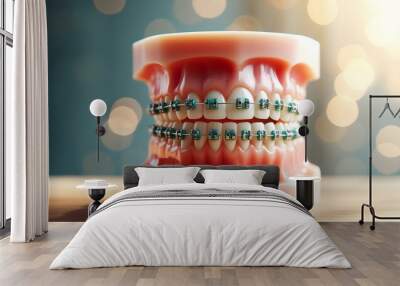 Model of teeth with orthodontic braces isolated on blur background Wall mural