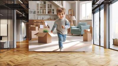 Young little boy joyfully running in his new house or home Wall mural