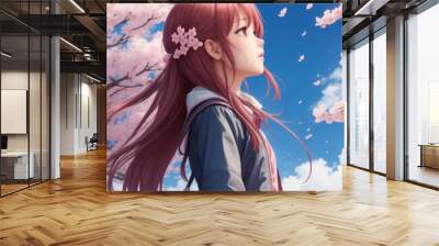 A girl looking at the sky with cherry blossoms by Generative AI Wall mural