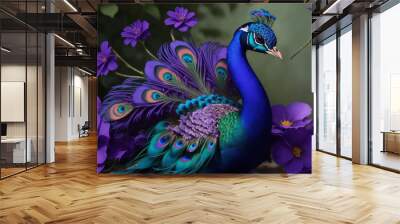 A peacock with a purple flower in the middle. Generative AI. Wall mural