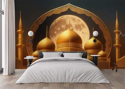 An intricate gold and brown background with a picture of a mosque and a moon by Generative AI Wall mural