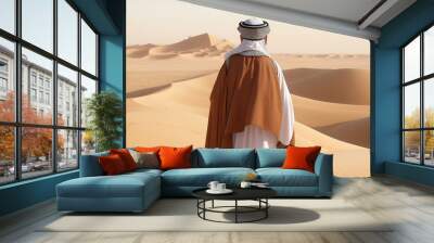 Back view of a moslem wearing hajj clothes and pilgrim hat in Arabian desert. Generative AI. Wall mural