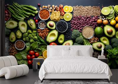 Beautiful Healthy food selection with fruits vegetables seeds Wall mural