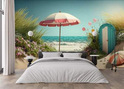 Beautiful realistic summer background with beach scenery. Generative AI. Wall mural