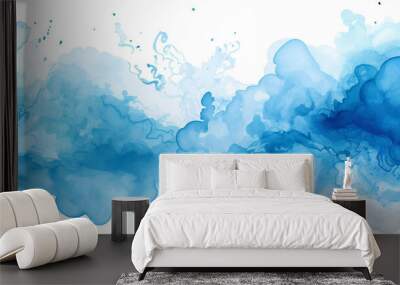 Blue gradient to light blue watercolor on white background illus Wall mural