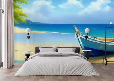 Boat on Beach oil painting wallpaper background landscape boating. Generative AI. Wall mural