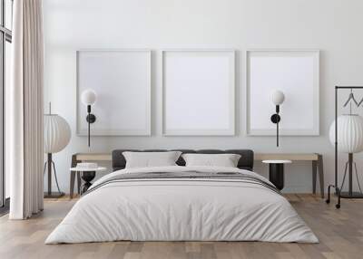 Bright room interior with three empty frames for mock up wooden Wall mural