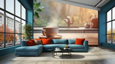 Cup of morning coffee. Kitchen interior in natural home Wall mural